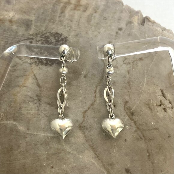 Sterling Silver 925 Dainty Petite Spiral Puffy Heart Dangle Drop Earrings - Picture 3 of 16